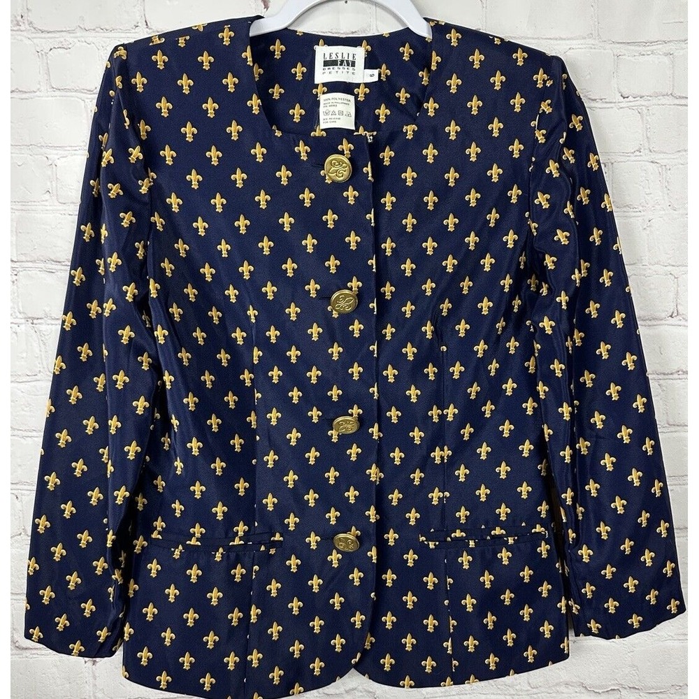 Leslie Fay Fleur de lis blue gold women's blazer jacket sz‎ 6P GUC gold buttons